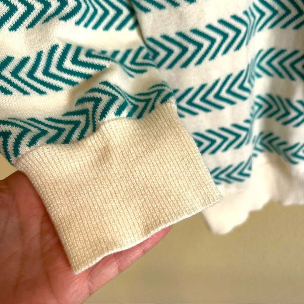 Oxknit Sweater Women’s XL 60s Retro Geo Mod Style Cotton Long Sleeve Teal Cream - Picture 8 of 16